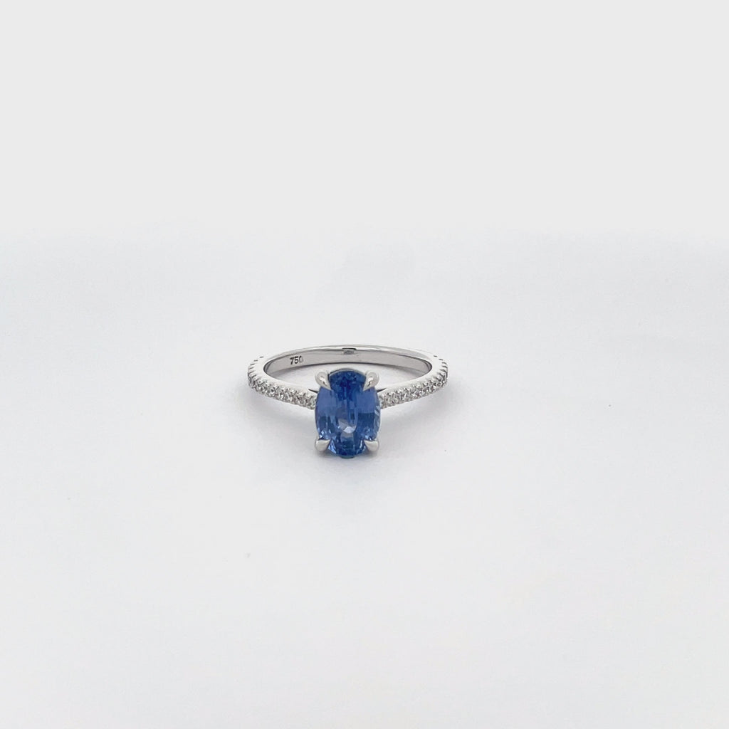 18k white gold, blue sapphire and diamond cathedral Ring